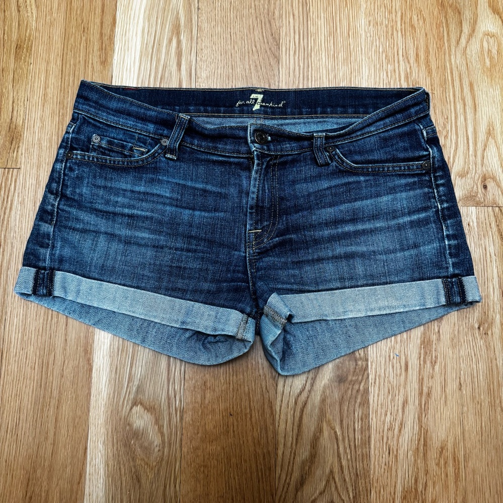 7 For All Mankind Dark Blue Rolled Hem Denim Shorts